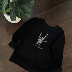 Black Graphic Skeleton Ribbed Pullover Sweatshirt for Women